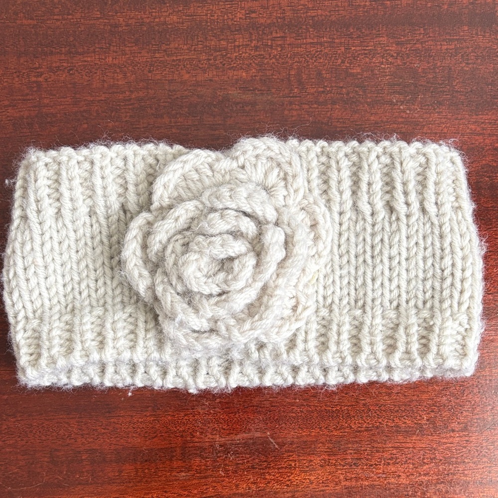 Cream Knit Headband for Warmth with Rosette Appliqué polyester one size
